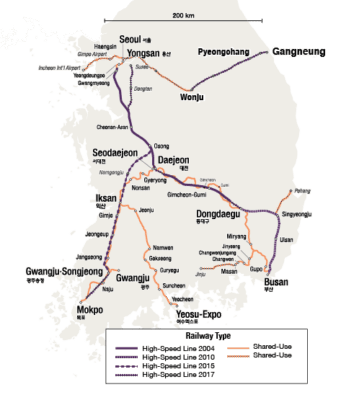 Map of high speed lines in South Korea