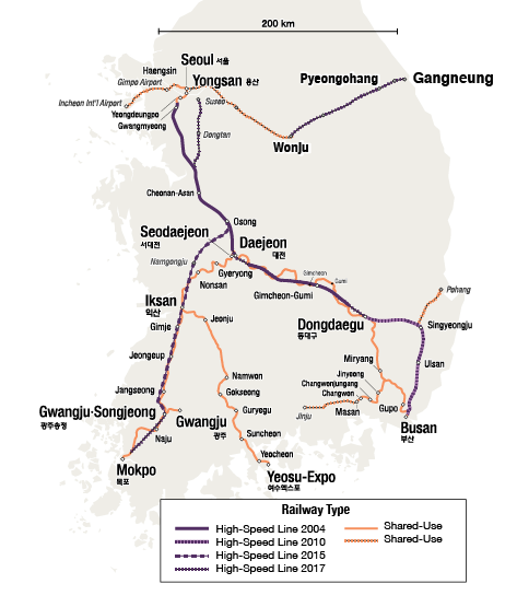 Map of high speed lines in South Korea