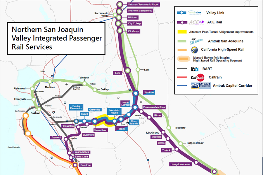 A map of integrated passenger rail routes in Northern California.
