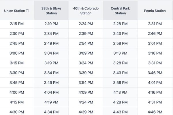 A small portion of the Denver's A-Line schedule showing a train departure every 15-minutes.
