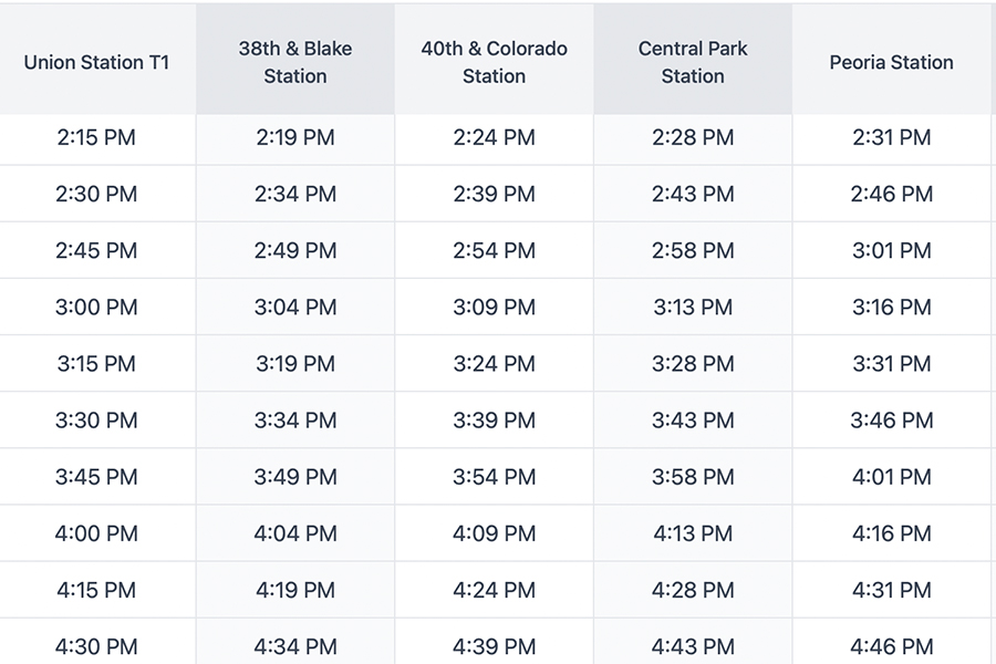 Denver_ALine_Schedule_900x600 A small portion of the Denver's A-Line schedule showing a train departure every 15-minutes.