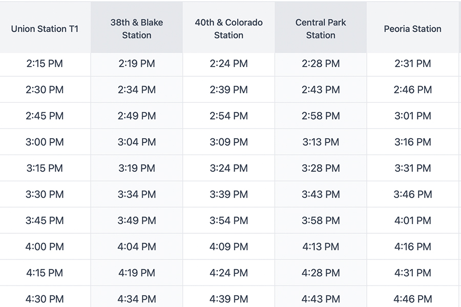 A small portion of the Denver's A-Line schedule showing a train departure every 15-minutes.