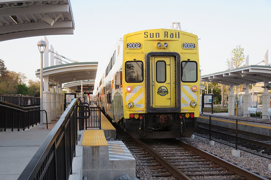 SunRail_Cabend_Station_900x600_Harnish A Sunrail train is in a station.
