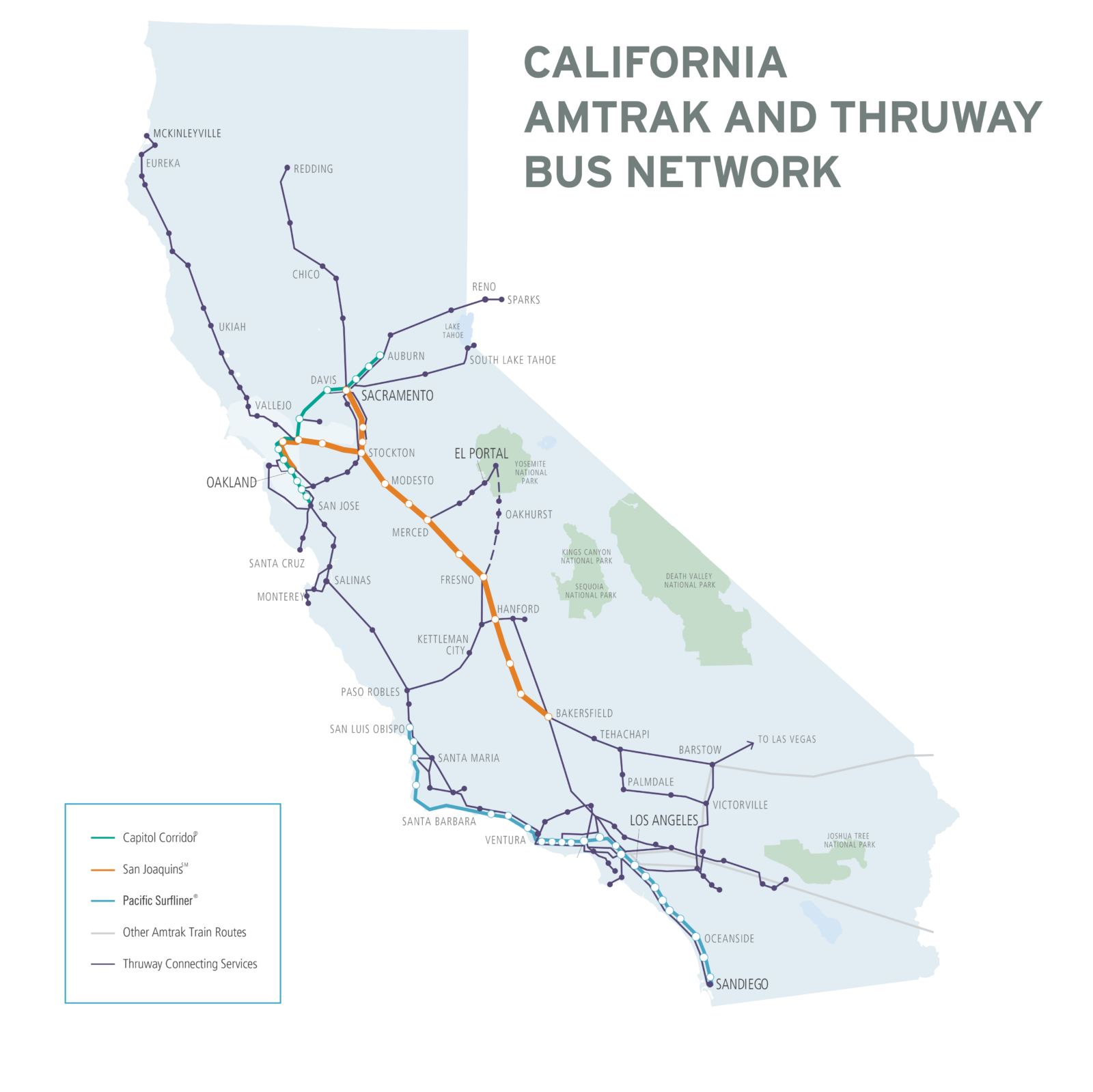 A map of the extensive Amtrak and Thruway bus network linking most of California.