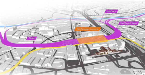 Aerial perspective of LA union station proposal