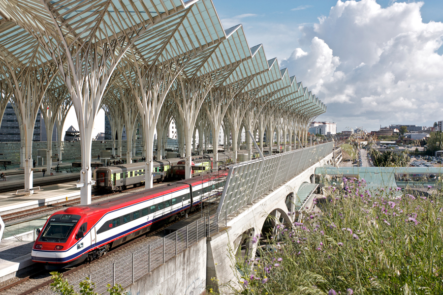 Lisbon main station with a Pendelino train in the forground.