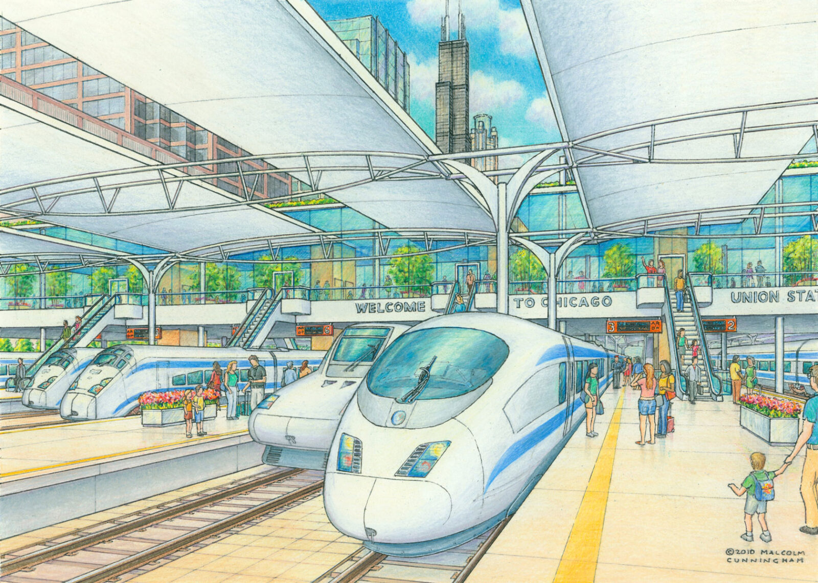 A conceptual image of a high-speed train station in Chicago.