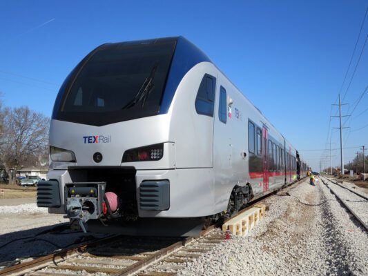 A TEXRail train used on the line linking DFW airport with downtown Fort Worth.