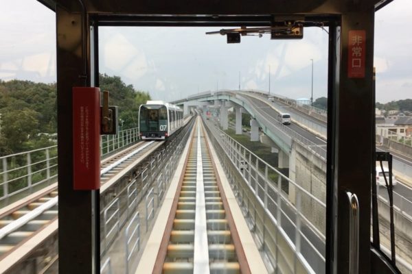 View from back window of low speed Maglev in Nagoya, Japan