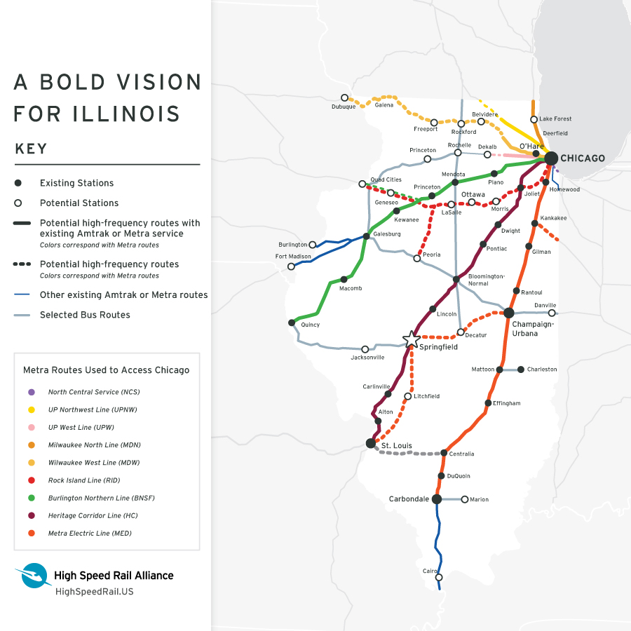 Map of existing and potential passenger rail routes in Illinois.