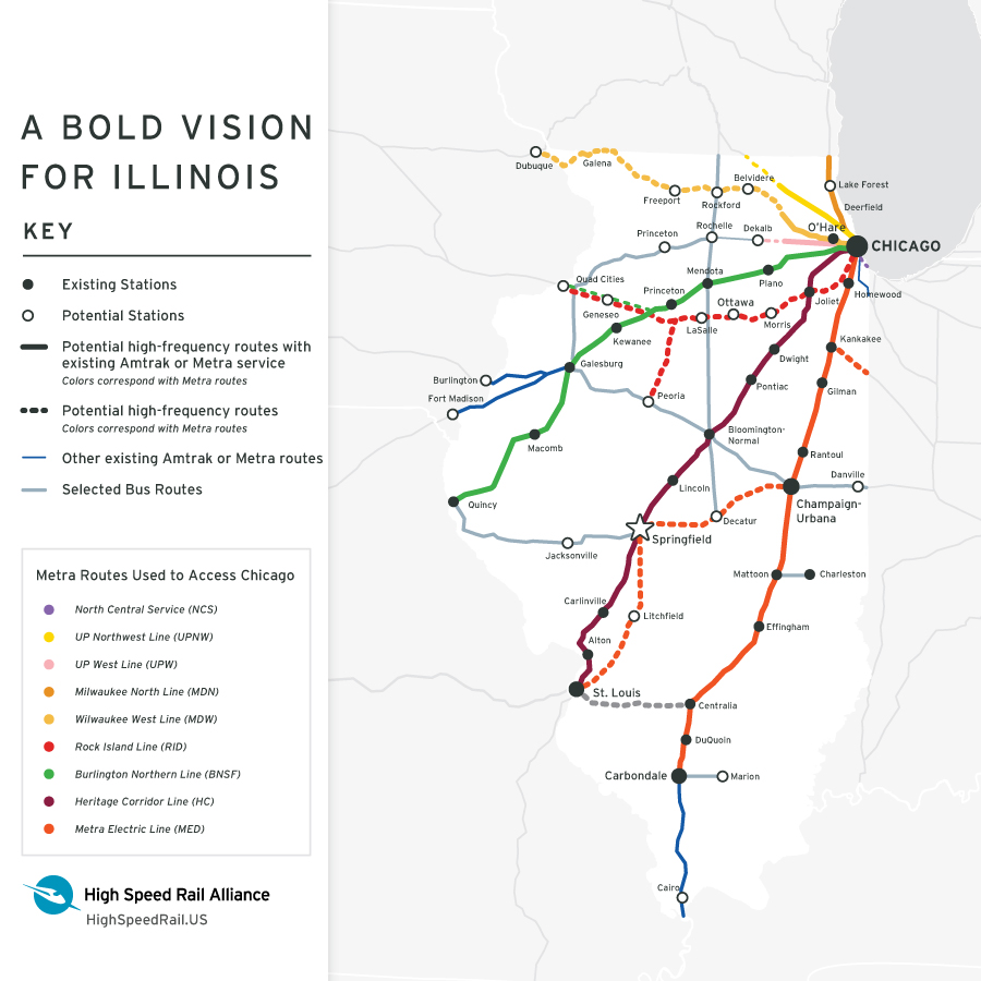 2023 Illinois Vision Map 900x900 Map of existing and potential passenger rail routes in Illinois.