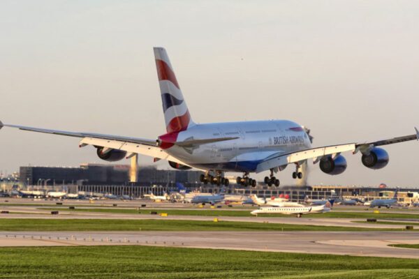 A British Airways A380 is landing at O'Hare.