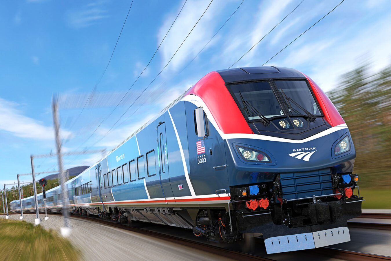 An AVE train is passing under a bridge near Ciudad Real Spain.