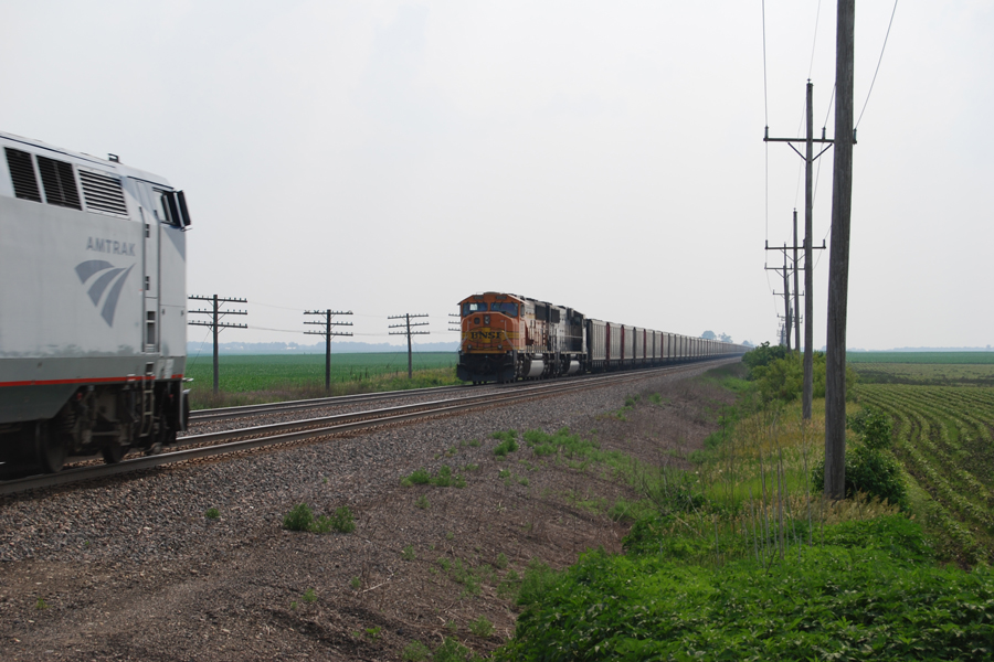 An Amtrak is passing a BNSF coal train in the Illinois countryside.
