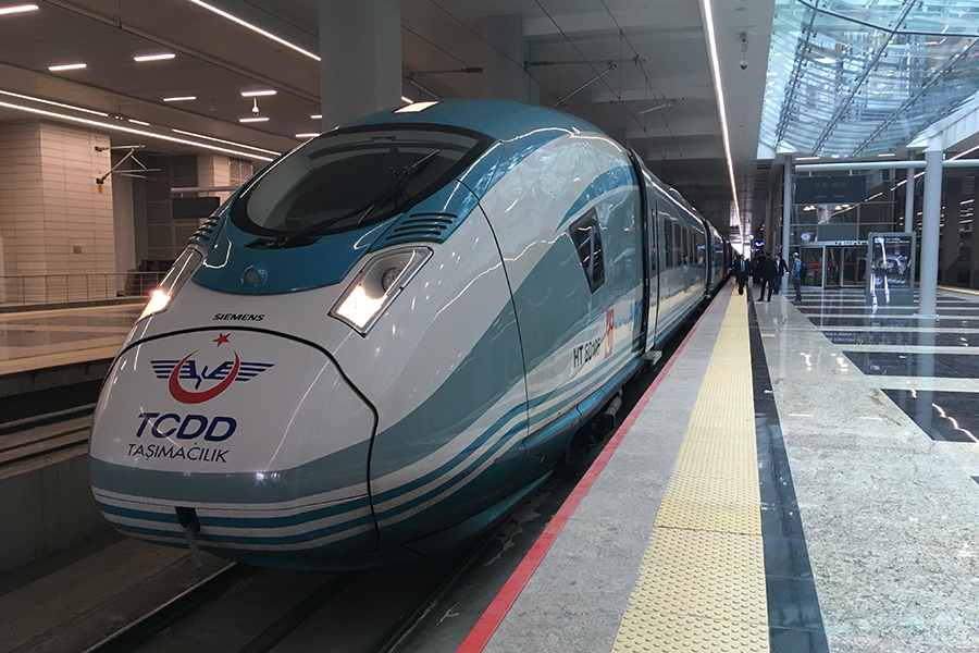 A high-speed train is loading passengers in Ankara, Turkey