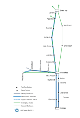 A map showing how Green Bay, Milwaukee, Madison and Chicago could be connected by trains.