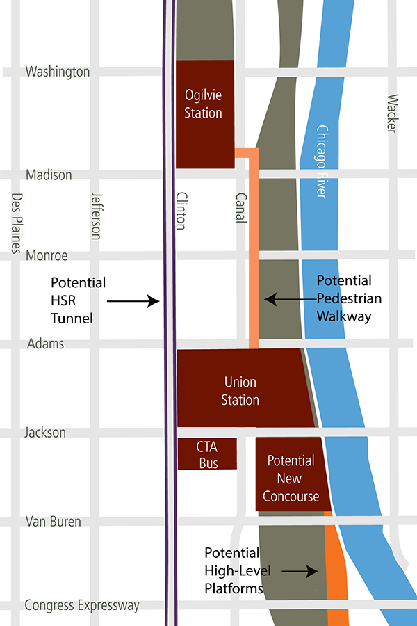 Map showing the relative locations of Chicago Union Station, Ogilvie Station, a potential walkway connecting them and a potential high-speed tunnel running next to them.