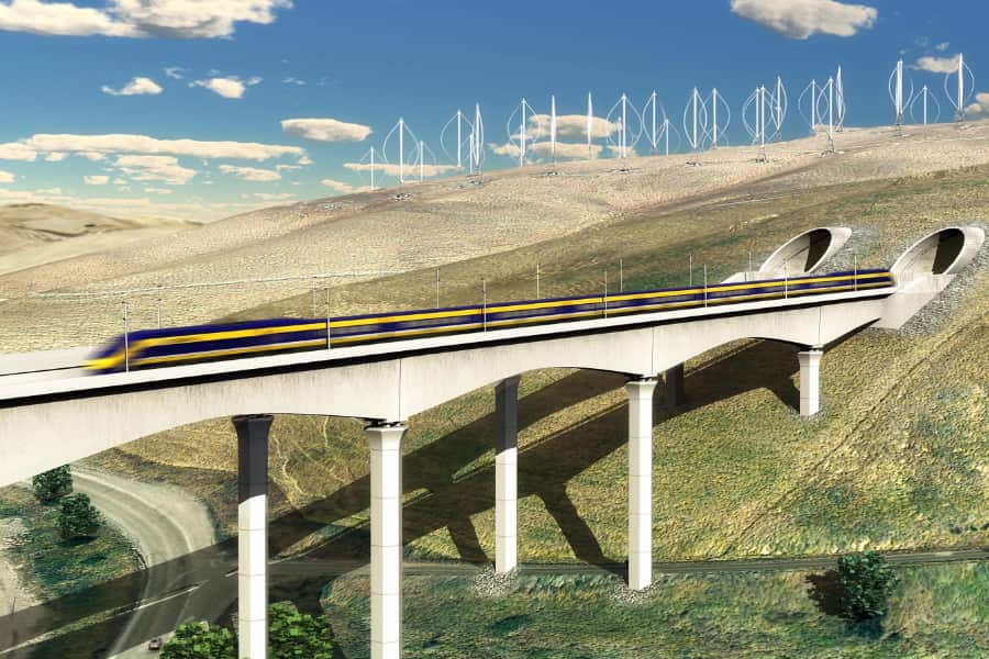 Artist rendering of tunnels and viaducts in California with windmills in background.