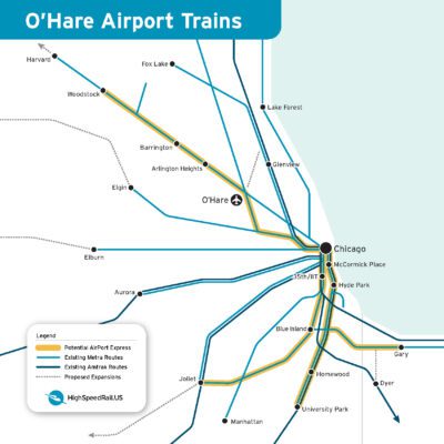 Map of potential route of airport express trains linking O'Hare airport to downtown and suburbs.