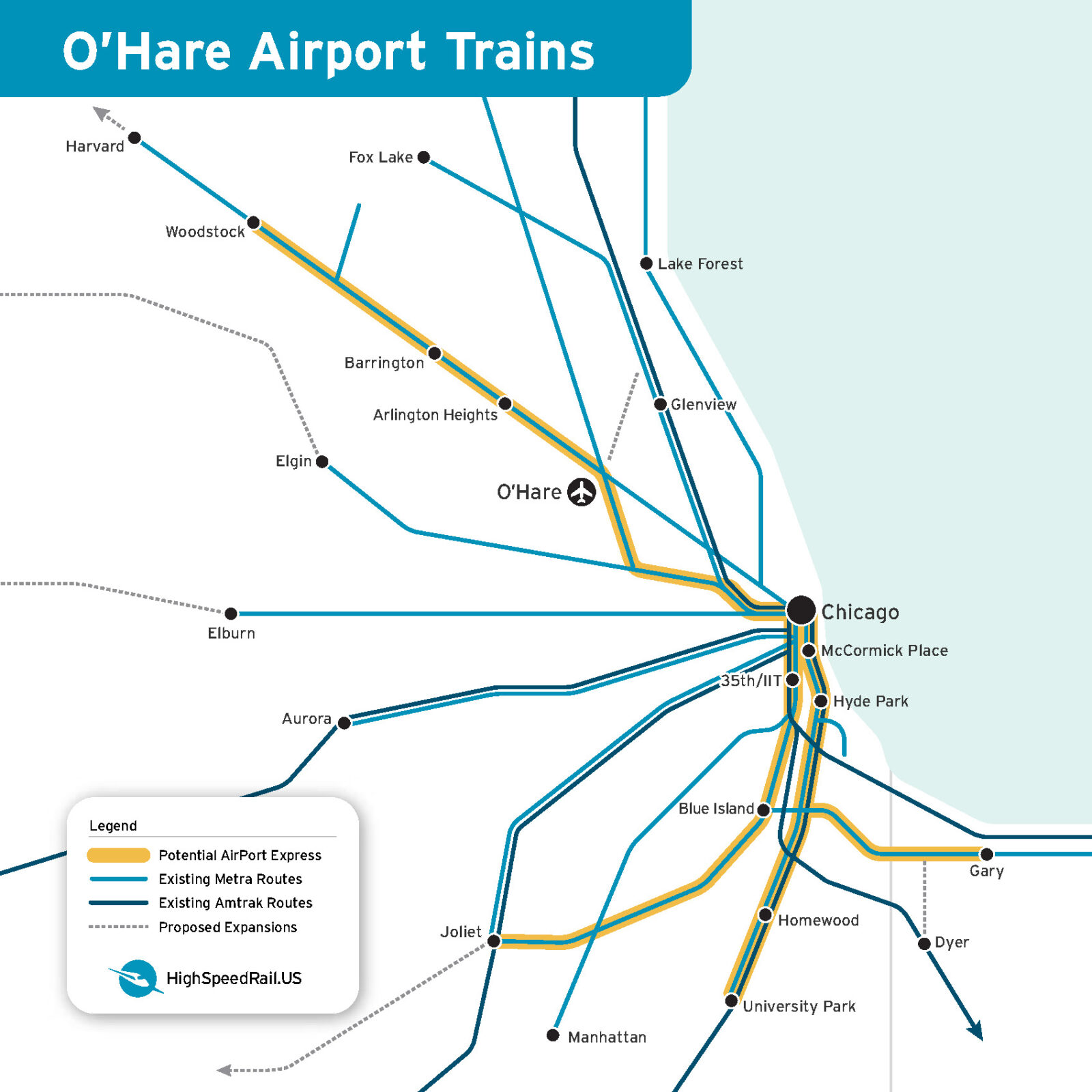 Chicago_AirportTrains_r2_Page_1 Map of potential route of airport express trains linking O'Hare airport to downtown and suburbs.