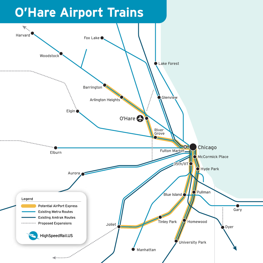 Map of existing Amtrak and Metra routes with a potential CrossTown Express route overlaid.