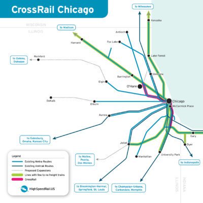A map showing the existing Amtrka and Metra routes into Chicago. Four routes with little freight traffic are highlighted in green. CrossRail Chicago is highlighted in pink.