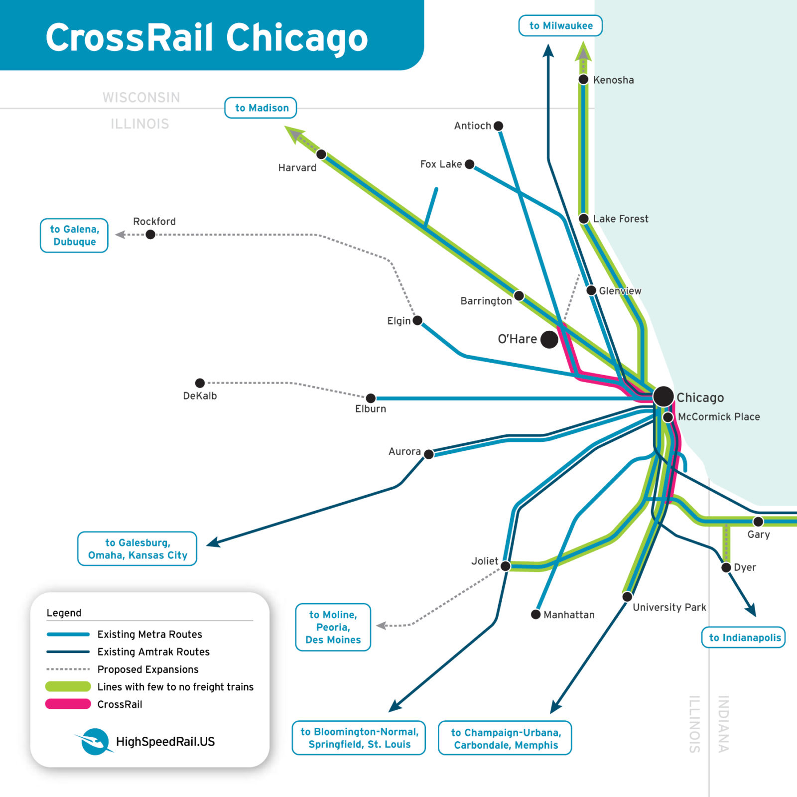 Chicago_Crossrail_1800x1800 A map showing the existing Amtrka and Metra routes into Chicago. Four routes with little freight traffic are highlighted in green. CrossRail Chicago is highlighted in pink.