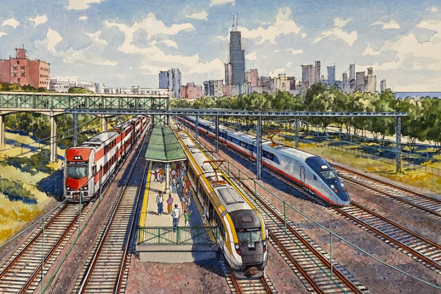 Illustration of conceptual CrossRail Chicago station in Bronzeville.