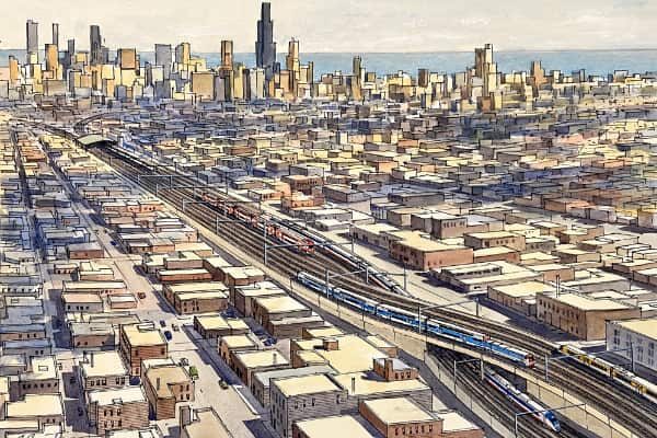 CrossRail Chicago panoramic. A2 flyover in foreground, Chicago skyline in background.