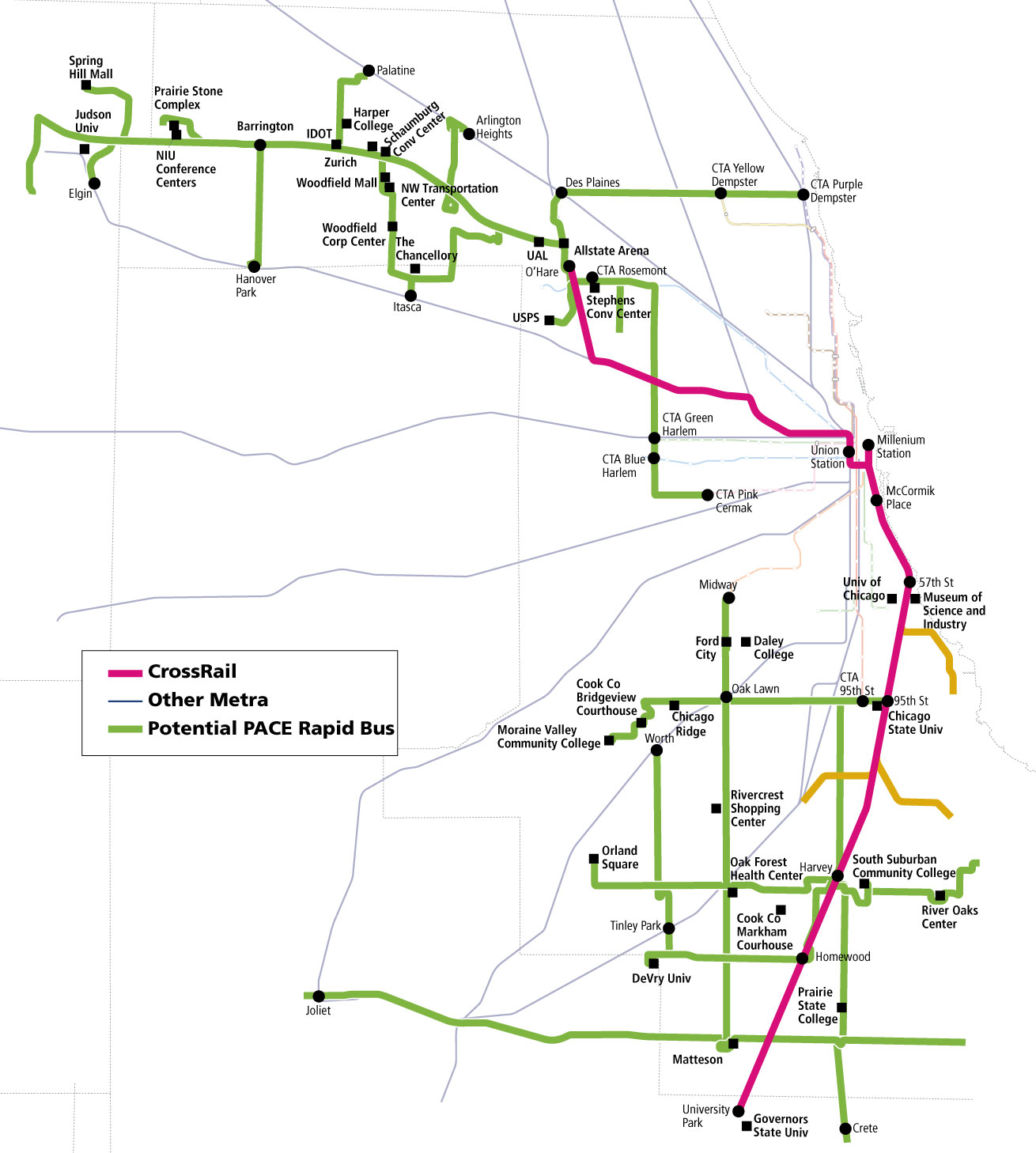 CrossRail-with-PACE-Connections_THICKER Map showing proposed CrossRail Chicago map and connecting PACE express bus routes.