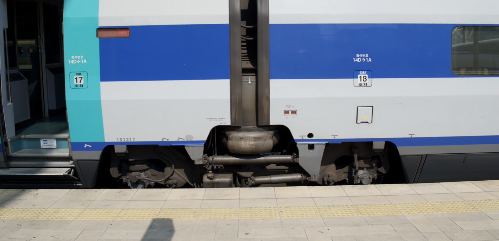 The articulated bogie of a Korean high-speed train.