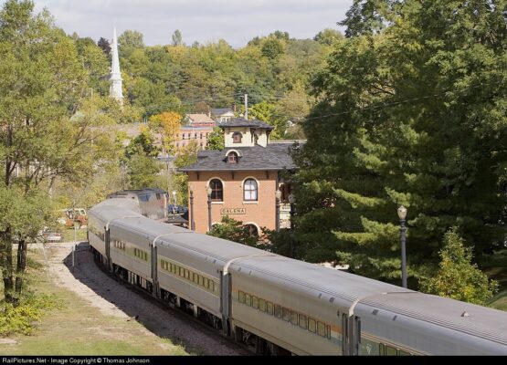 A charter Amtrak train is stopped at Galena’s railway station.