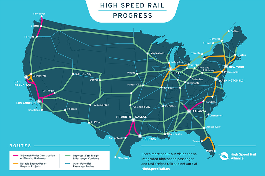 A map of the United States highlighting routes with some recent progress