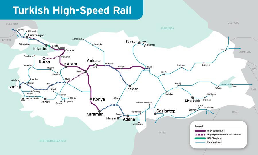 A map showing the location of high-speed and shared-use lines in Turkey