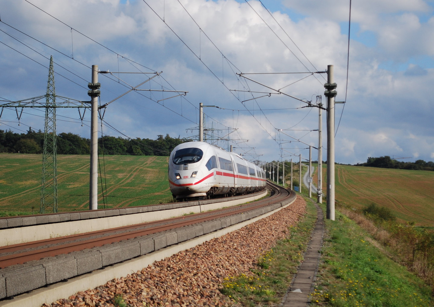 A German high-speed train is passing on the Frankfurt - Cologne high-speed line.