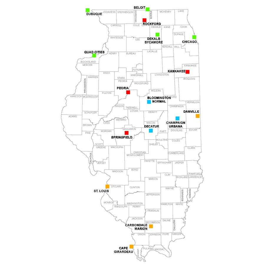 IDOT_MPO_Map_900x900 A map of Illinois with Metropolitan Planning Areas labeled.