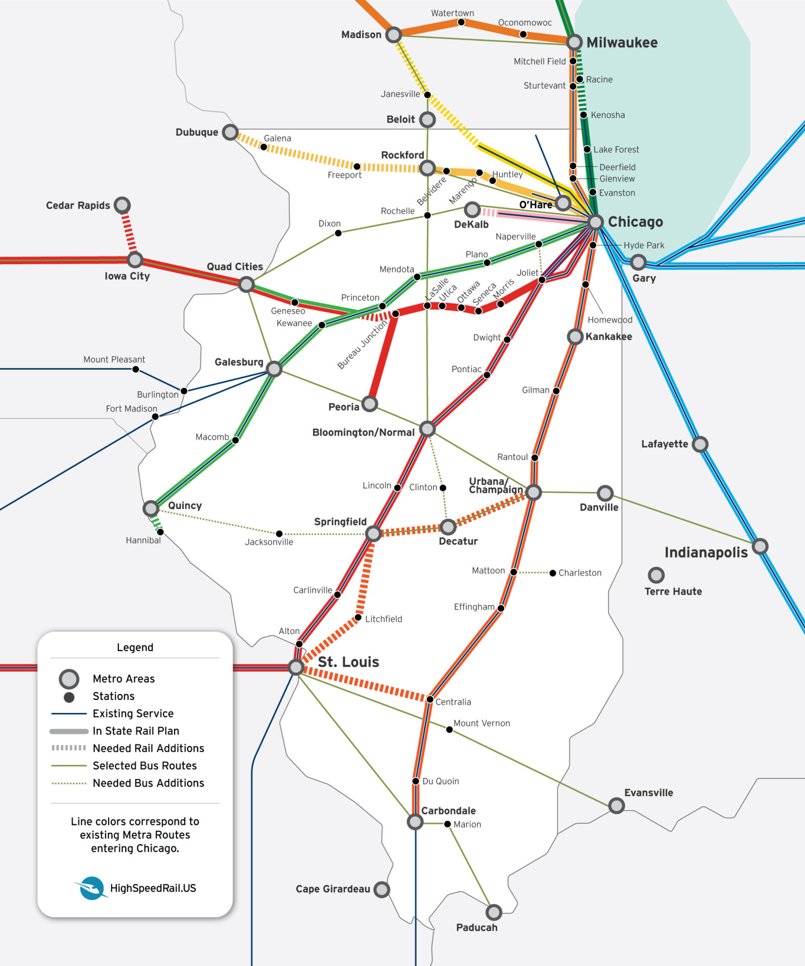 A map showing a potential high-speed and regional rail network connecting all metros in Illinois to each other and to smaller towns.