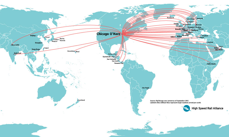 A map showing inter-continental flights from O'Hare Airport in September 2022