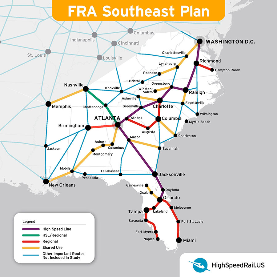 A map showing the Southeast routes proposed by the Federal Railroad Administration.