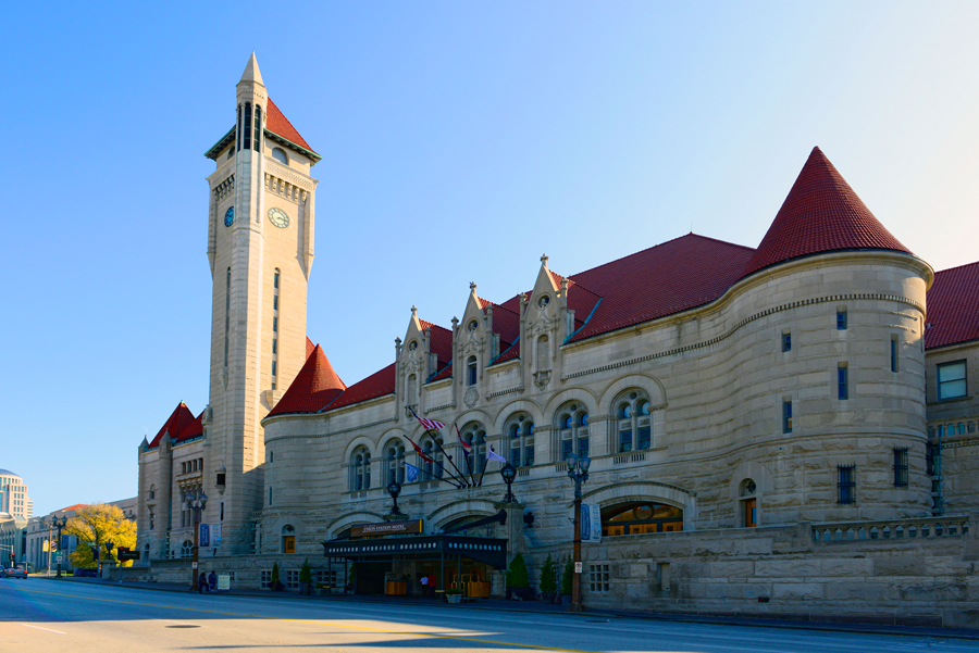 St Louis Union Station with sun shining on the tower.