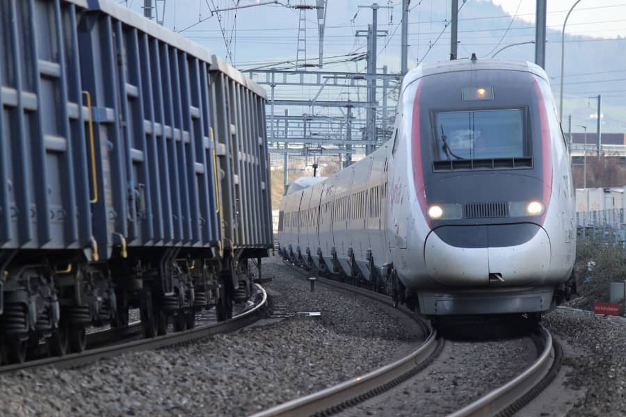 TGV train passing a freight train