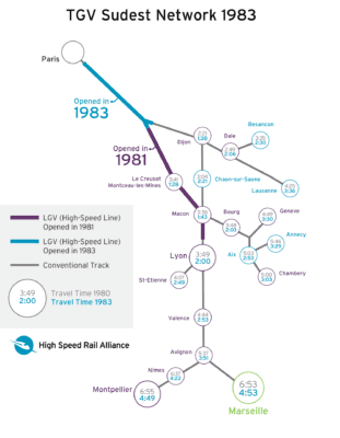 A map showing the small segments of high speed line allowed high speed trains to serve many cities in France.