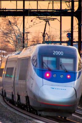 Trains at sunset