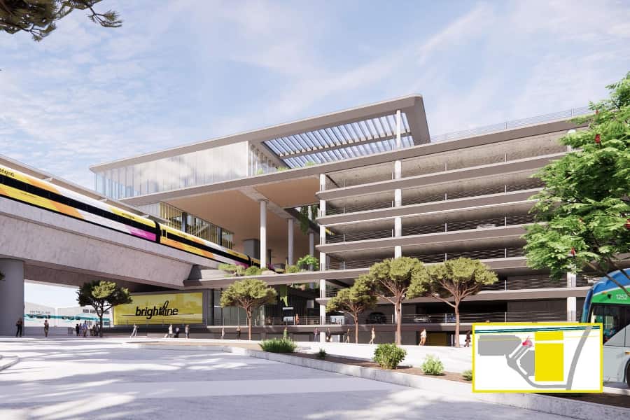 Artist rendering of a potential Brightline railroad station at Rancho Cucamonga, CA