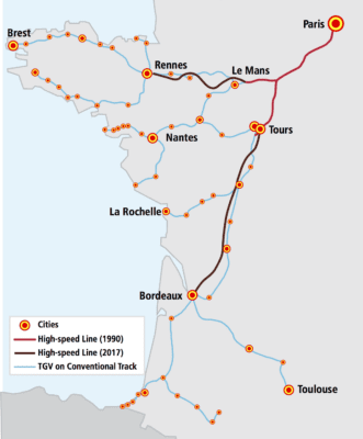 Map showing how the TGV Atlantic high speed network uses segments of high speed lines and lots of shared-use lines to connect many cities.