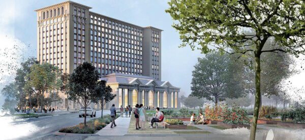 A rendering of the Detroit Michigan Central station rehabbed as Ford's headquarters.