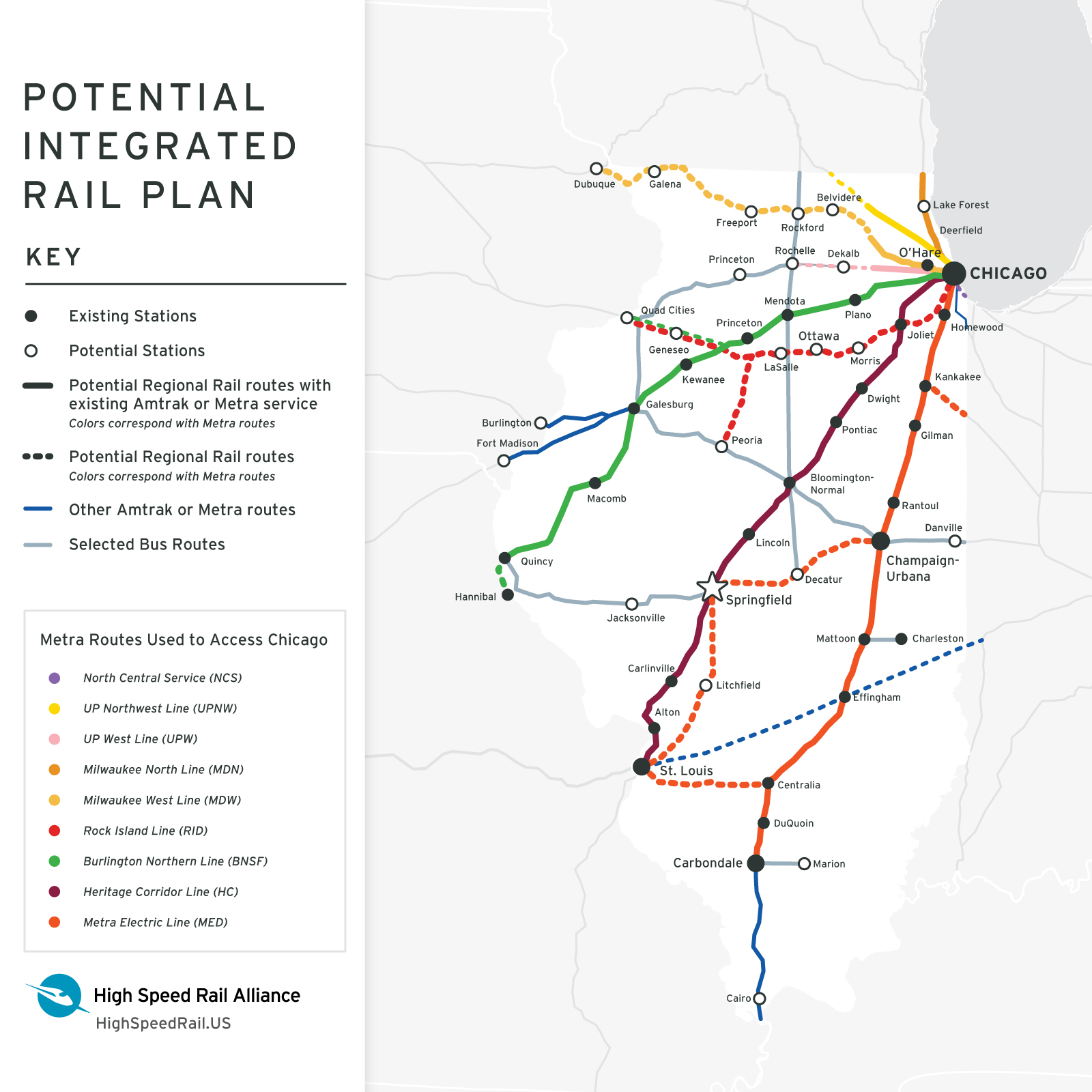 A map of existing and potential passenger rail routes in Illinois.