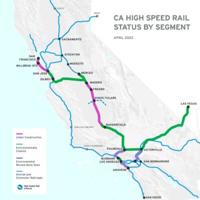 A map of California's planned segments of high-speed line.