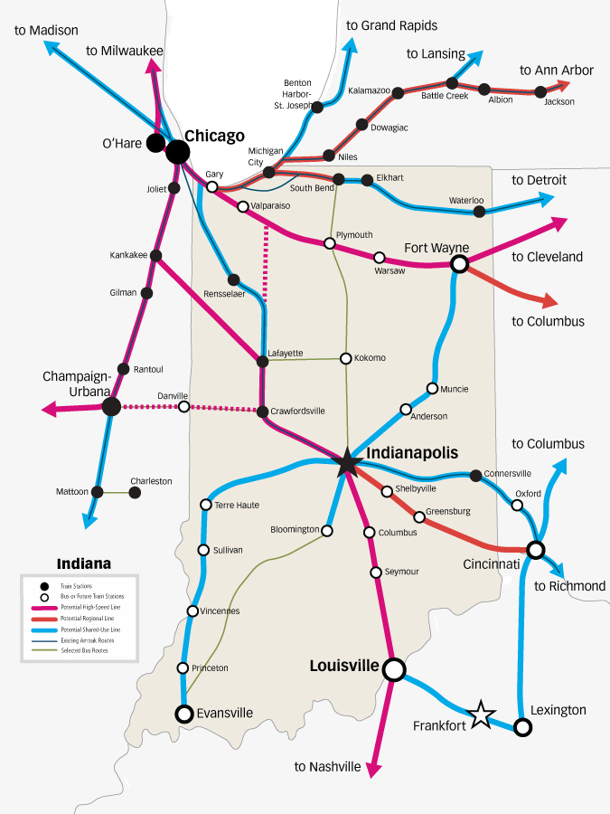Map of Indiana showing a potential high-speed line connecting Chicago, Indianapolis and Louisville to cities to the south. Also a Chicago - New York high-speed line and several shared-use lines hubbed in Indianapolis.