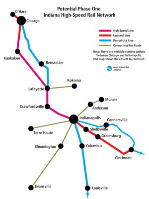 A map showing how a Chicago - Indianapolis high-speed line could be coordinated with other improvements to connect the state.